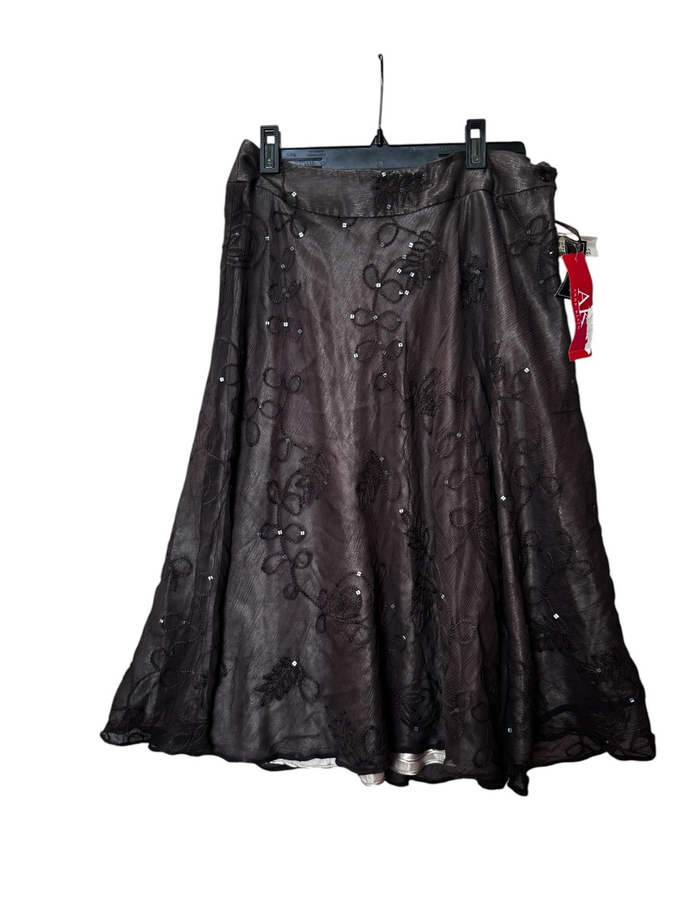 Anne Klein NEW Y2K 100% Silk Sheer Embroidered Sequin Midi Skirt Brown 4 Boho - Picture 3 of 16